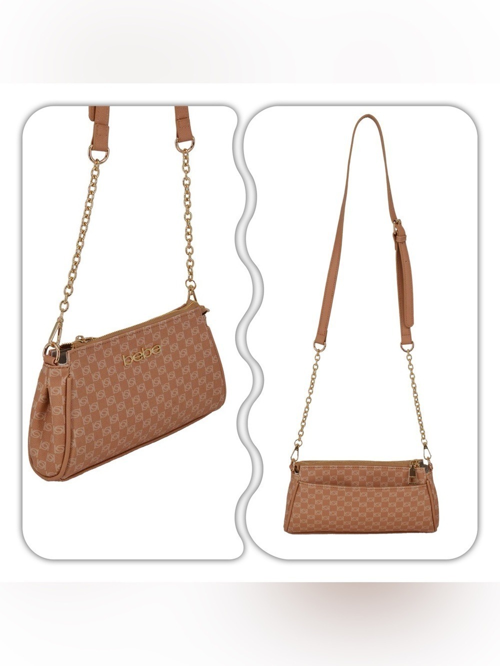 Bebe Adela Monogram Crossbody Bag in camel